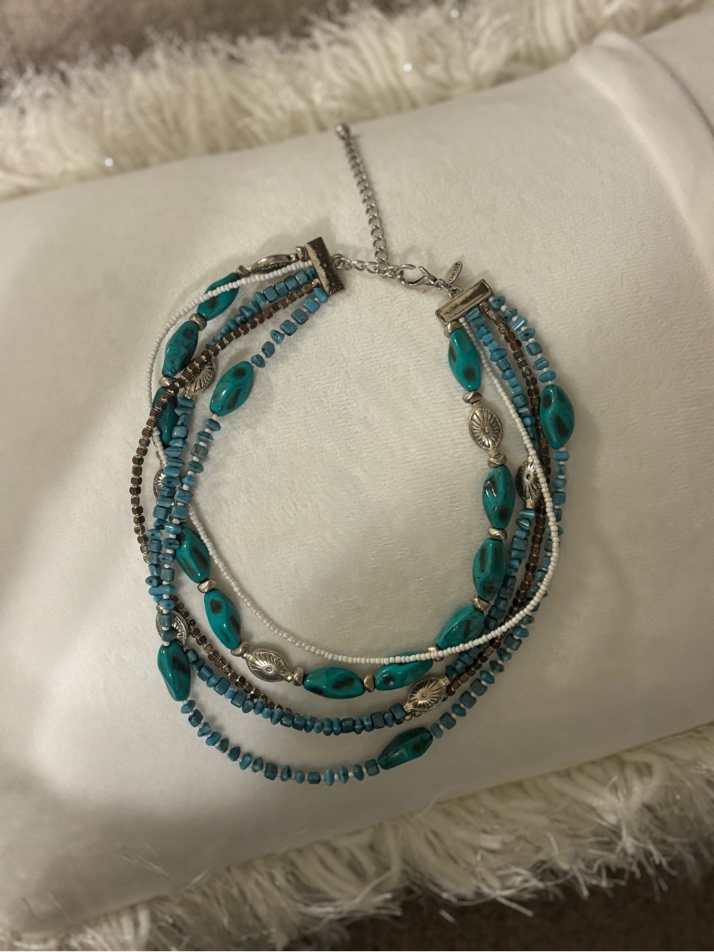 Chico's Multi-Strand Turquoise Bead and Silver Accent Necklace